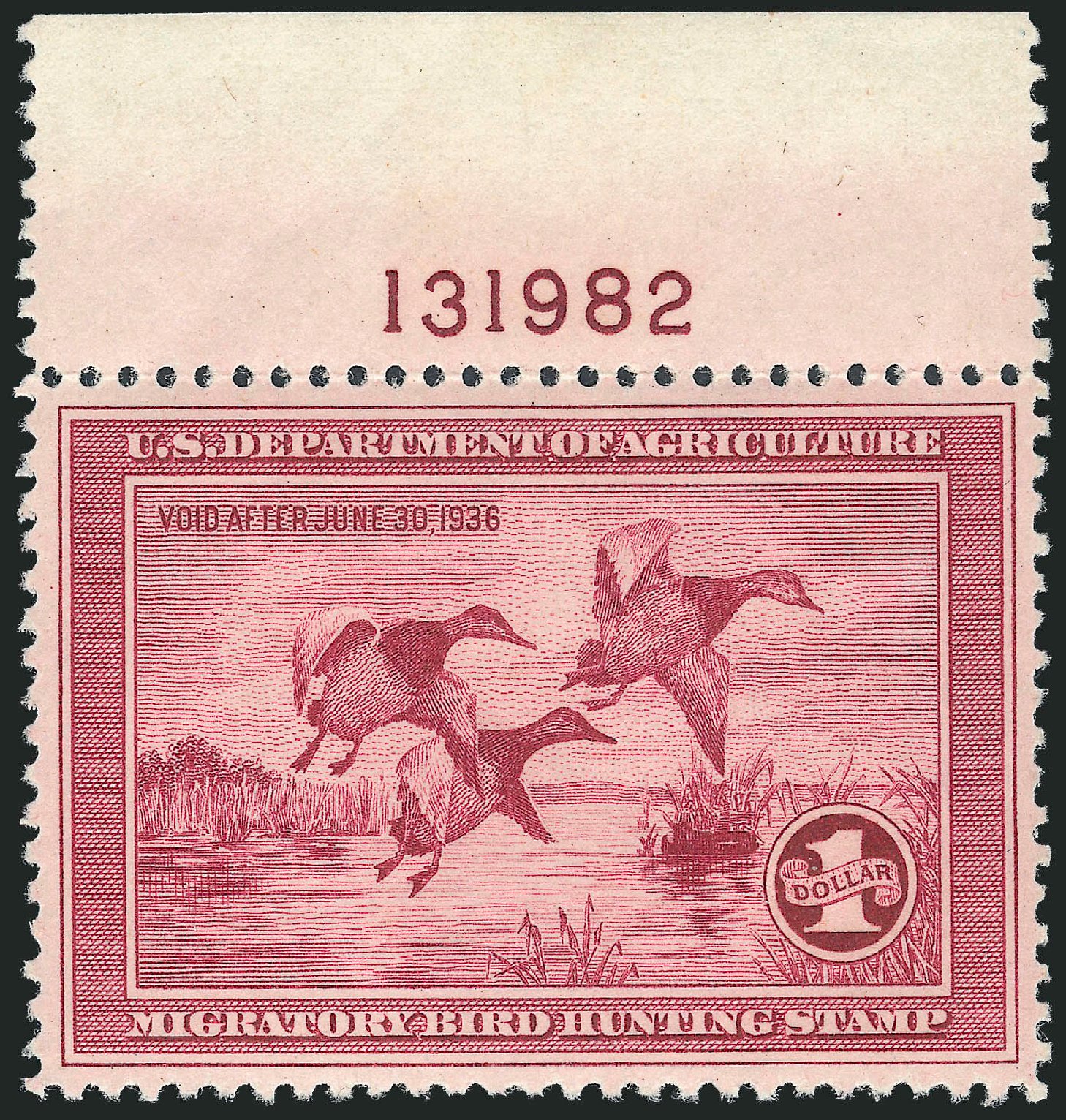 US Stamps Prices Scott Cat. #RW2: US$1.00 1935 Federal Duck Hunting. Robert Siegel Auction Galleries, Mar 2011, Sale 1007, Lot 3159