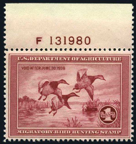 US Stamp Value Scott # RW2: US$1.00 1935 Federal Duck Hunting. Harmer-Schau Auction Galleries, Apr 2008, Sale 77, Lot 160