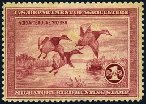 US Stamp Values Scott Cat. # RW2 - US$1.00 1935 Federal Duck Hunting. Harmer-Schau Auction Galleries, Oct 2012, Sale 95, Lot 310