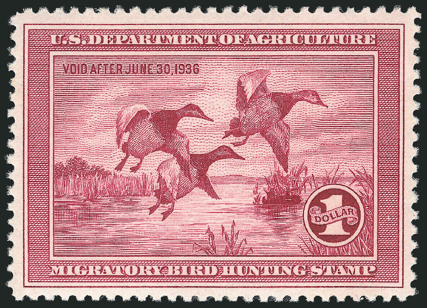 US Stamp Values Scott # RW2: US$1.00 1935 Federal Duck Hunting. Robert Siegel Auction Galleries, Mar 2011, Sale 1007, Lot 3160
