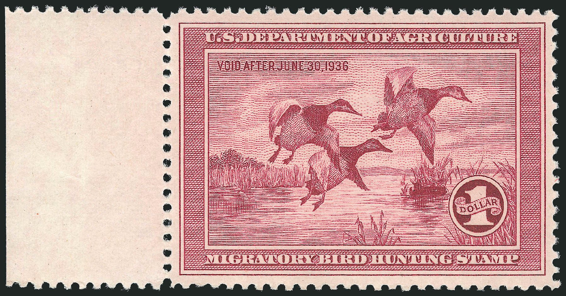 US Stamps Values Scott Catalog #RW2 - US$1.00 1935 Federal Duck Hunting. Robert Siegel Auction Galleries, Nov 2013, Sale 1061, Lot 4510