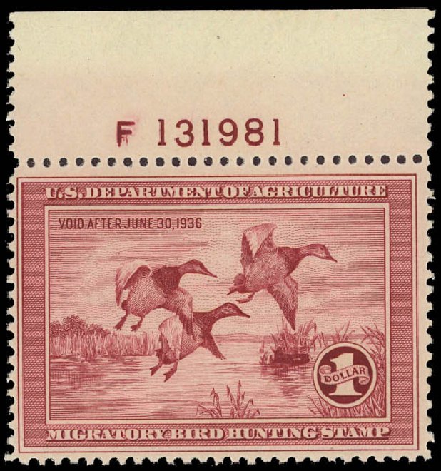 Value of US Stamp Scott Catalogue RW2 - US$1.00 1935 Federal Duck Hunting. Daniel Kelleher Auctions, Aug 2012, Sale 631, Lot 1851
