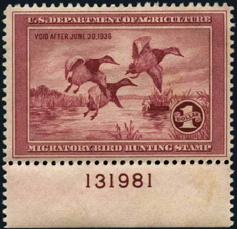 US Stamp Price Scott Cat. #RW2: 1935 US$1.00 Federal Duck Hunting. Harmer-Schau Auction Galleries, Aug 2012, Sale 94, Lot 1995