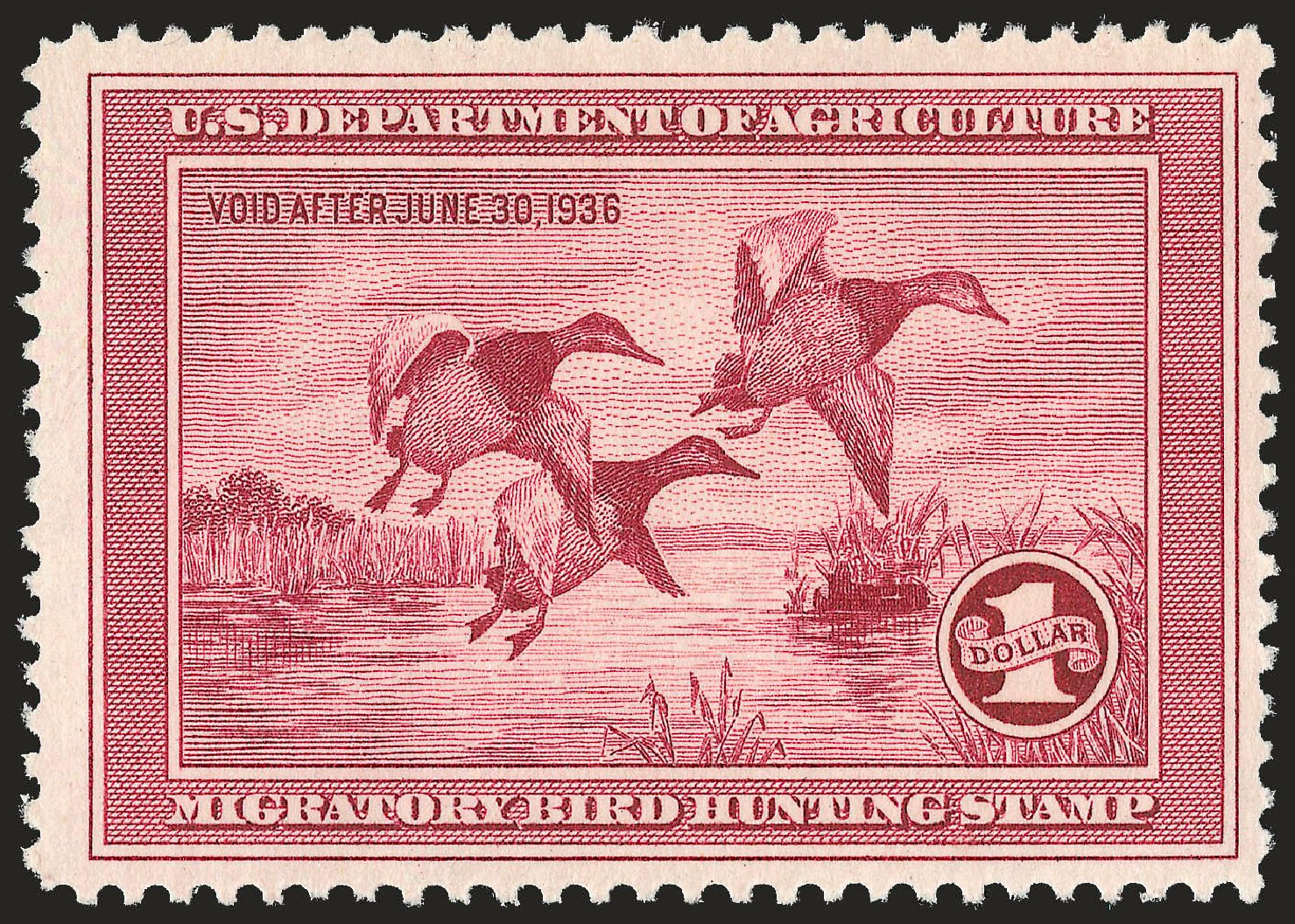 US Stamps Values Scott Catalogue #RW2: US$1.00 1935 Federal Duck Hunting. Robert Siegel Auction Galleries, Dec 2008, Sale 967, Lot 5355