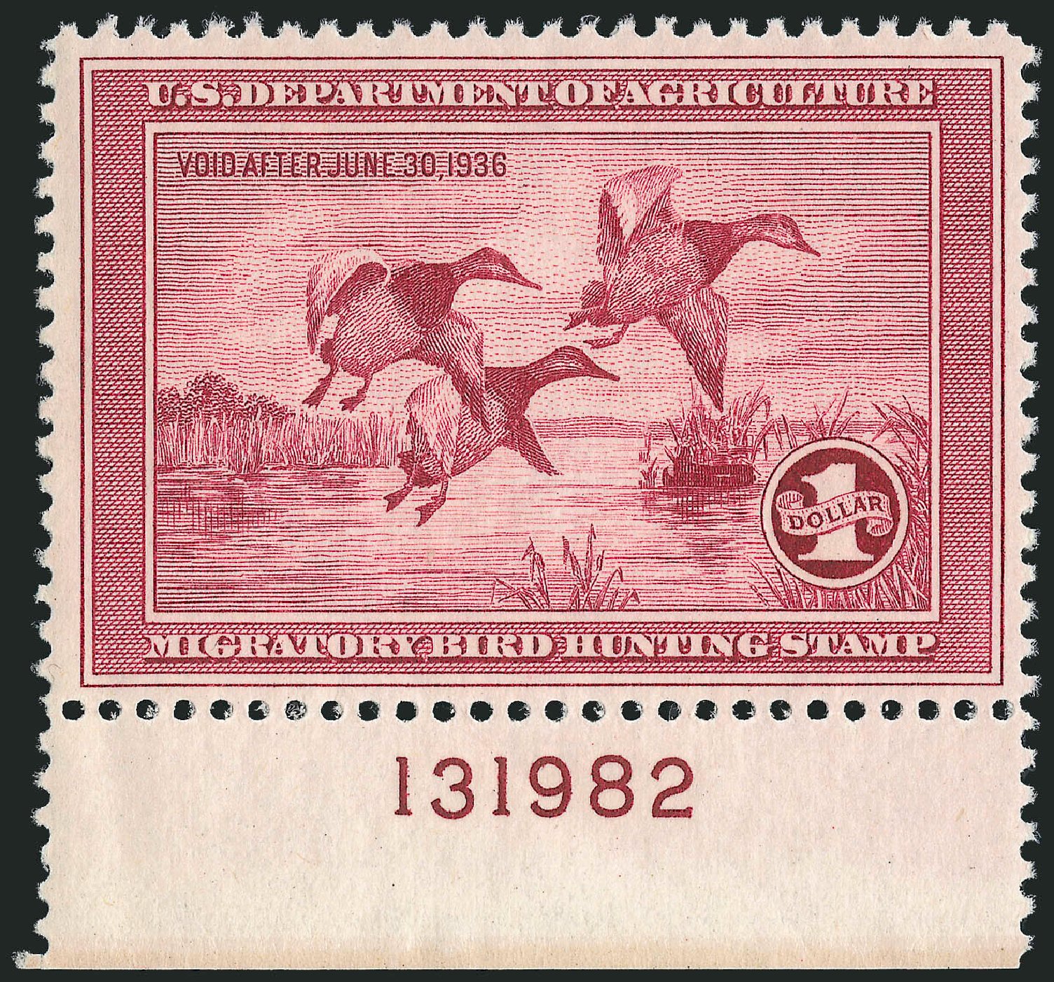 US Stamps Value Scott RW2 - US$1.00 1935 Federal Duck Hunting. Robert Siegel Auction Galleries, Oct 2010, Sale 997, Lot 6625