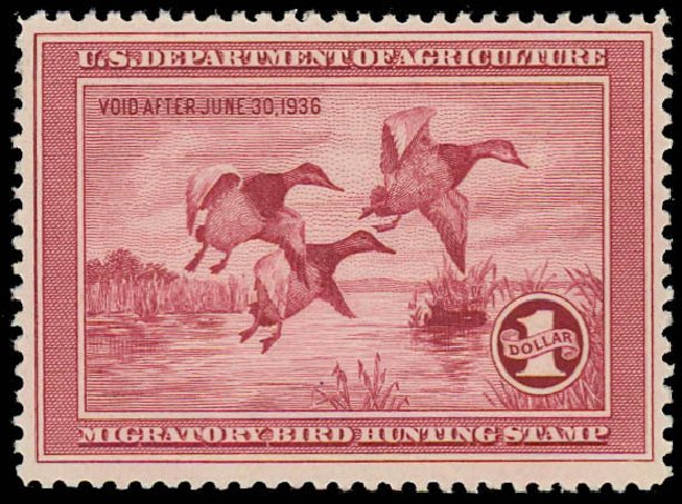 US Stamps Values Scott Cat. #RW2: US$1.00 1935 Federal Duck Hunting. Daniel Kelleher Auctions, Jun 2012, Sale 630, Lot 2152