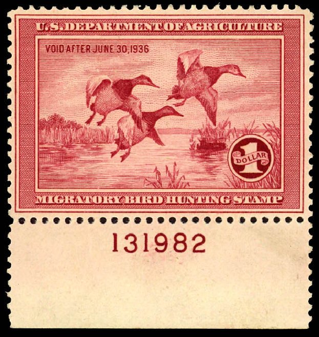 Prices of US Stamp Scott Catalogue # RW2 - 1935 US$1.00 Federal Duck Hunting. Daniel Kelleher Auctions, Apr 2013, Sale 636, Lot 722