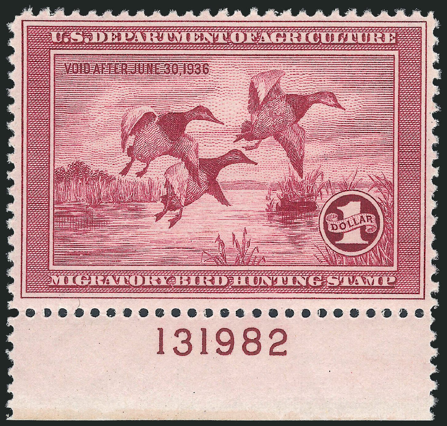 Value of US Stamp Scott Cat. # RW2 - US$1.00 1935 Federal Duck Hunting. Robert Siegel Auction Galleries, Oct 2011, Sale 1014, Lot 2482