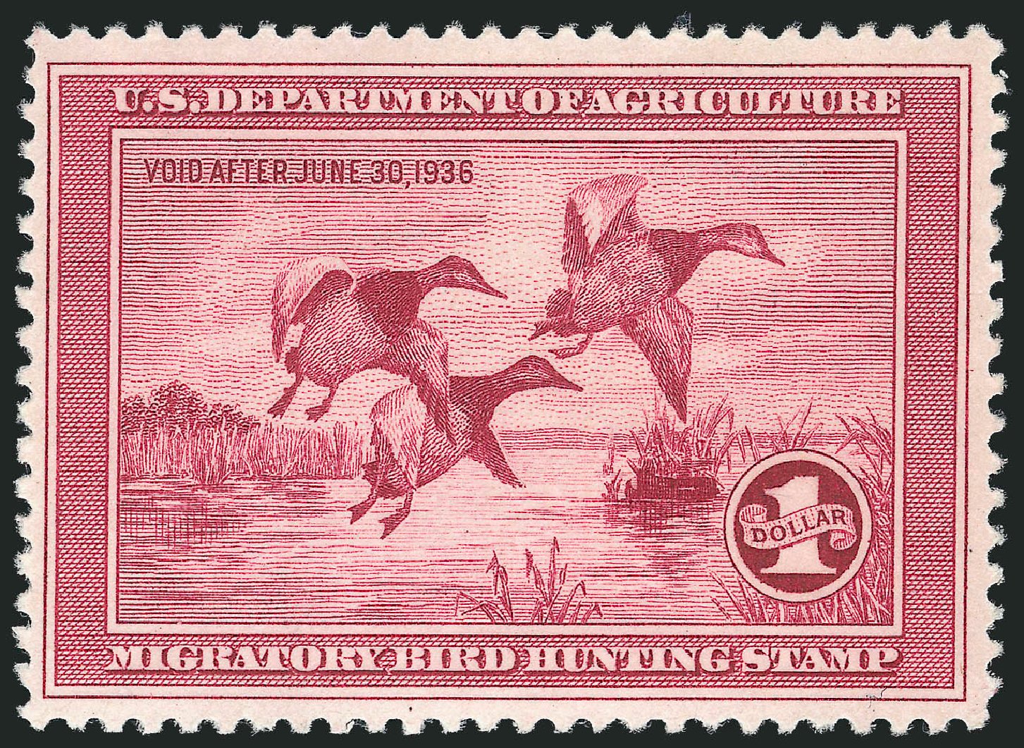 Value of US Stamp Scott Catalogue #RW2: 1935 US$1.00 Federal Duck Hunting. Robert Siegel Auction Galleries, Nov 2013, Sale 1061, Lot 4512