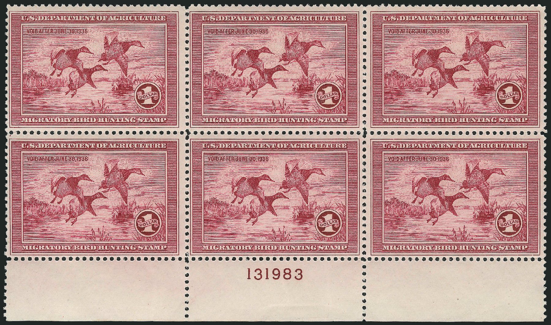 US Stamps Values Scott #RW2: 1935 US$1.00 Federal Duck Hunting. Robert Siegel Auction Galleries, Jun 2011, Sale 1011, Lot 963
