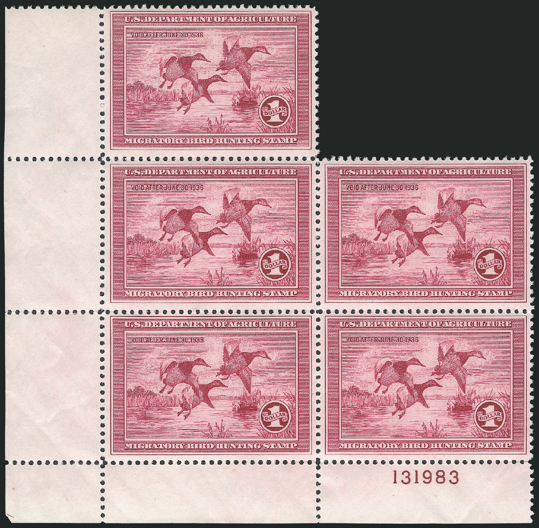 Prices of US Stamp Scott Cat. #RW2: US$1.00 1935 Federal Duck Hunting. Robert Siegel Auction Galleries, Nov 2013, Sale 1061, Lot 4513