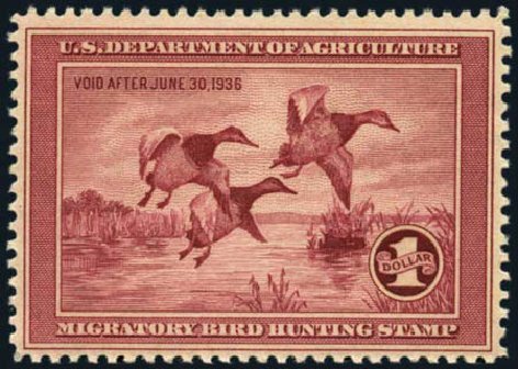 Values of US Stamps Scott # RW2 - US$1.00 1935 Federal Duck Hunting. Harmer-Schau Auction Galleries, May 2012, Sale 93, Lot 506