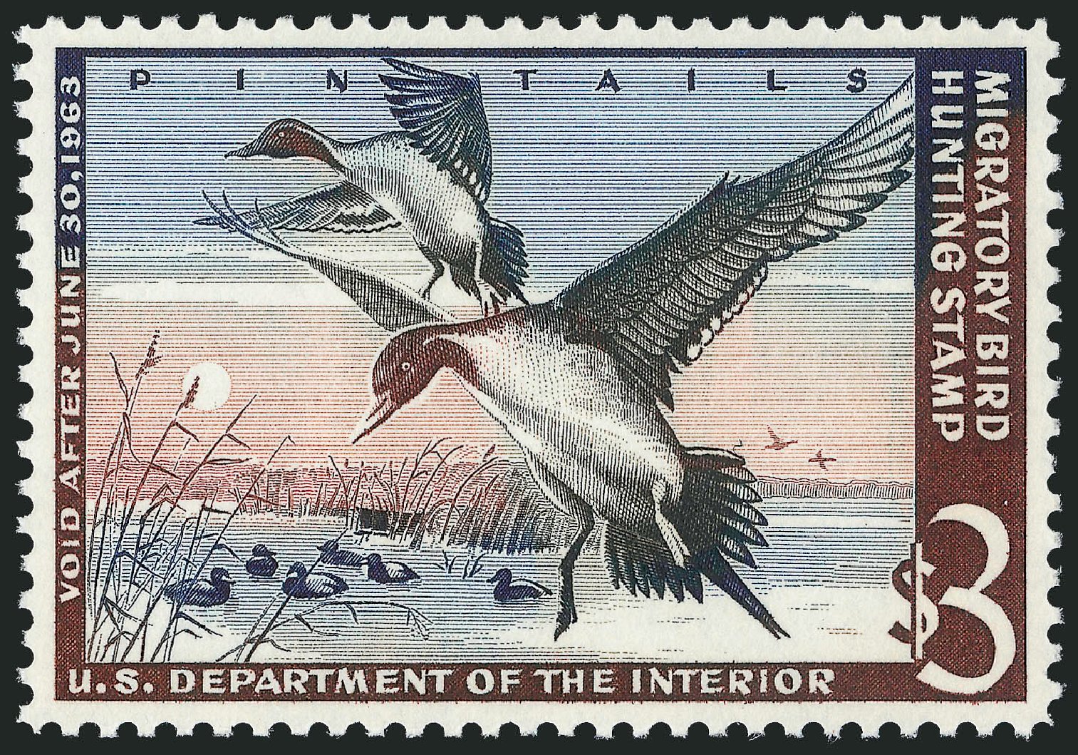 Values of US Stamps Scott RW29: US$3.00 1962 Federal Duck Hunting. Robert Siegel Auction Galleries, Mar 2013, Sale 1040, Lot 2253