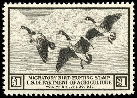 Cost of US Stamp Scott # RW3: 1936 US$1.00 Federal Duck Hunting. Matthew Bennett International, Apr 2008, Sale 326, Lot 910