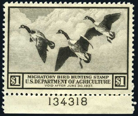 Costs of US Stamp Scott Cat. # RW3 - US$1.00 1936 Federal Duck Hunting. Harmer-Schau Auction Galleries, Apr 2008, Sale 77, Lot 161
