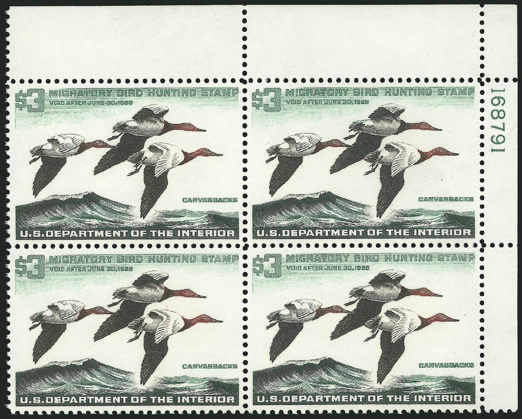 Cost of US Stamp Scott Cat. #RW32 - US$3.00 1965 Federal Duck Hunting. Robert Siegel Auction Galleries, Nov 2013, Sale 1061, Lot 4539