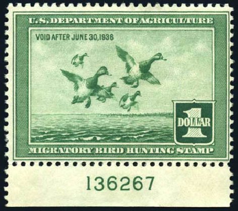 US Stamps Prices Scott Cat. # RW4 - US$1.00 1937 Federal Duck Hunting. Harmer-Schau Auction Galleries, Oct 2008, Sale 79, Lot 288