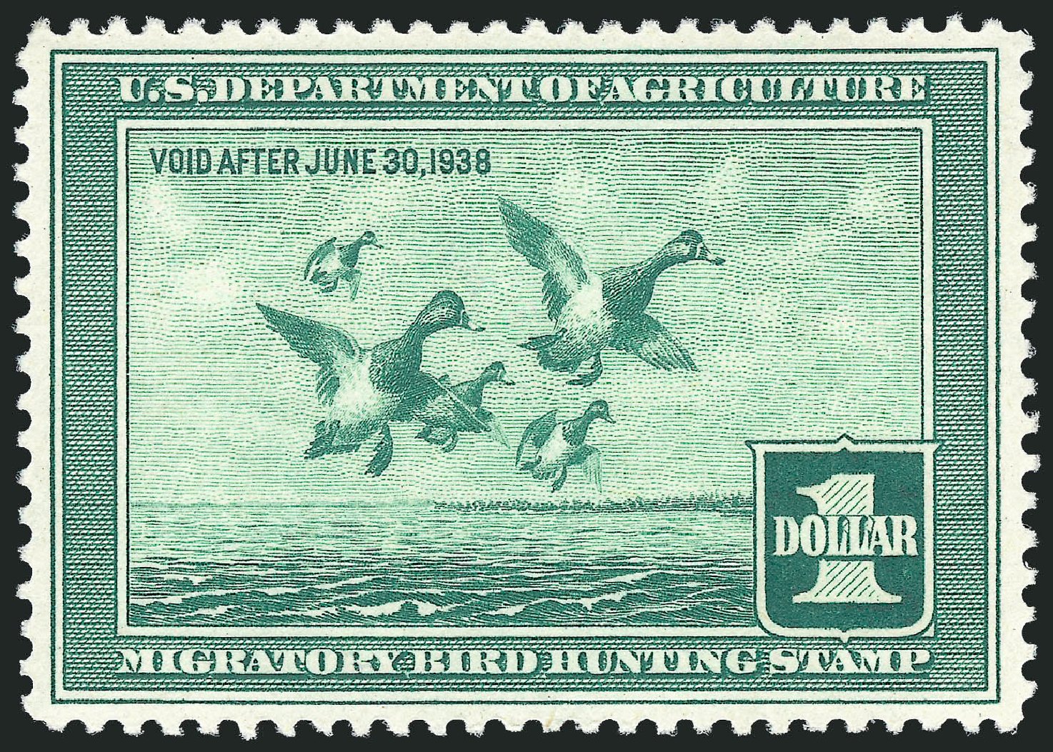 US Stamp Value Scott Catalogue RW4 - US$1.00 1937 Federal Duck Hunting. Robert Siegel Auction Galleries, Oct 2010, Sale 997, Lot 6629