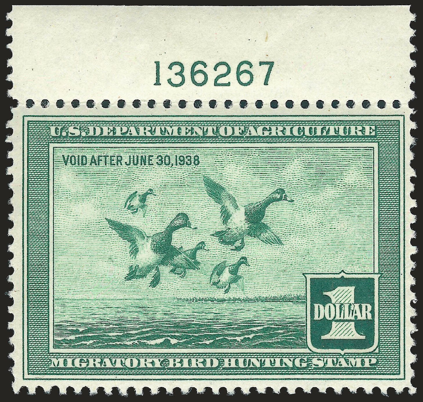 Cost of US Stamps Scott RW4: US$1.00 1937 Federal Duck Hunting. Robert Siegel Auction Galleries, Apr 2010, Sale 984, Lot 1221
