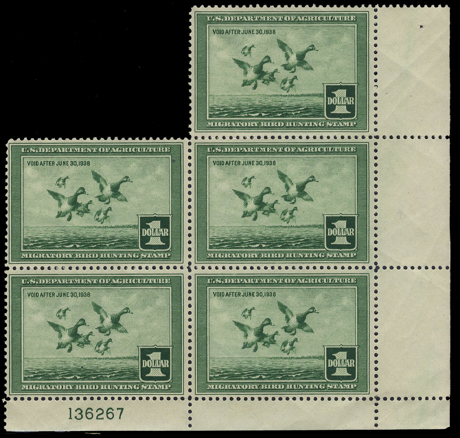 US Stamps Values Scott Cat. RW4: 1937 US$1.00 Federal Duck Hunting. Cherrystone Auctions, Apr 2010, Sale 201004, Lot 346