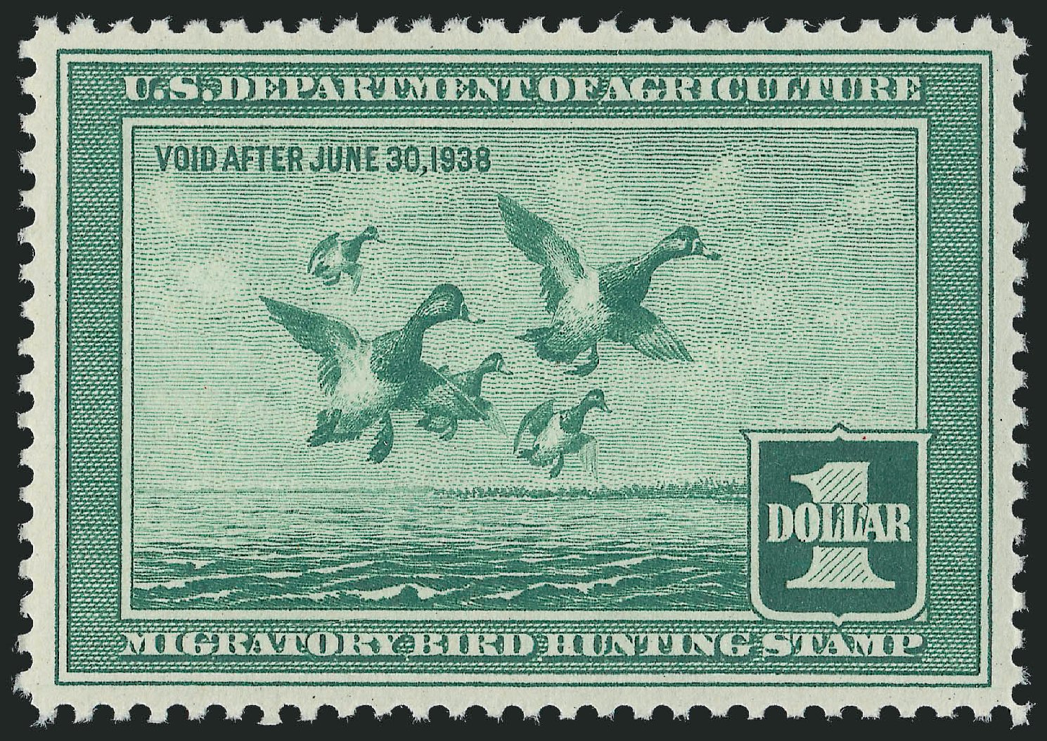 US Stamp Values Scott Catalog #RW4 - US$1.00 1937 Federal Duck Hunting. Robert Siegel Auction Galleries, Dec 2009, Sale 978, Lot 1186