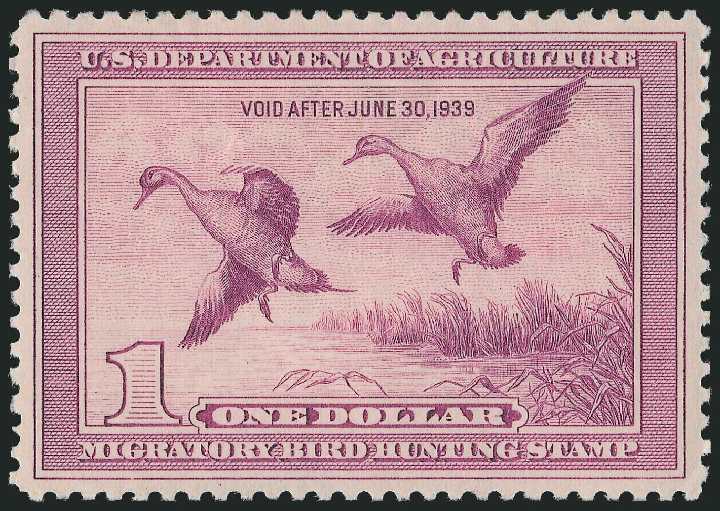 Values of US Stamp Scott Catalogue # RW5 - US$1.00 1938 Federal Duck Hunting. Robert Siegel Auction Galleries, Dec 2009, Sale 978, Lot 1187