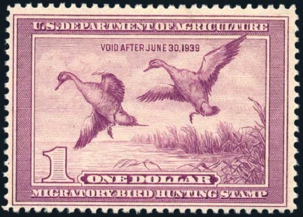 US Stamp Values Scott #RW5 - US$1.00 1938 Federal Duck Hunting. Harmer-Schau Auction Galleries, Oct 2009, Sale 83, Lot 498