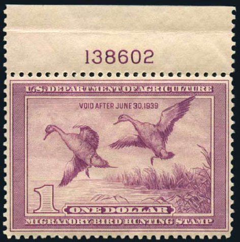 Values of US Stamp Scott Catalog RW5 - 1938 US$1.00 Federal Duck Hunting. Harmer-Schau Auction Galleries, Oct 2008, Sale 79, Lot 289