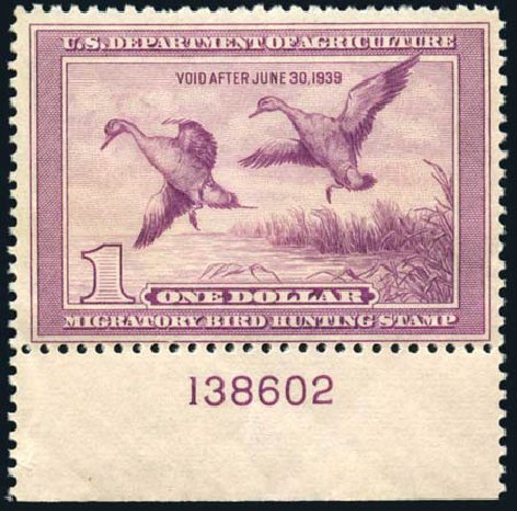 Values of US Stamp Scott Cat. # RW5 - US$1.00 1938 Federal Duck Hunting. Harmer-Schau Auction Galleries, Oct 2008, Sale 79, Lot 290