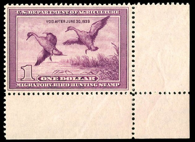 US Stamps Value Scott Catalogue # RW5: US$1.00 1938 Federal Duck Hunting. Matthew Bennett International, Dec 2008, Sale 330, Lot 2041