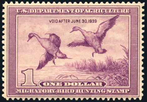 Values of US Stamps Scott Catalogue # RW5: 1938 US$1.00 Federal Duck Hunting. Harmer-Schau Auction Galleries, Apr 2008, Sale 77, Lot 162