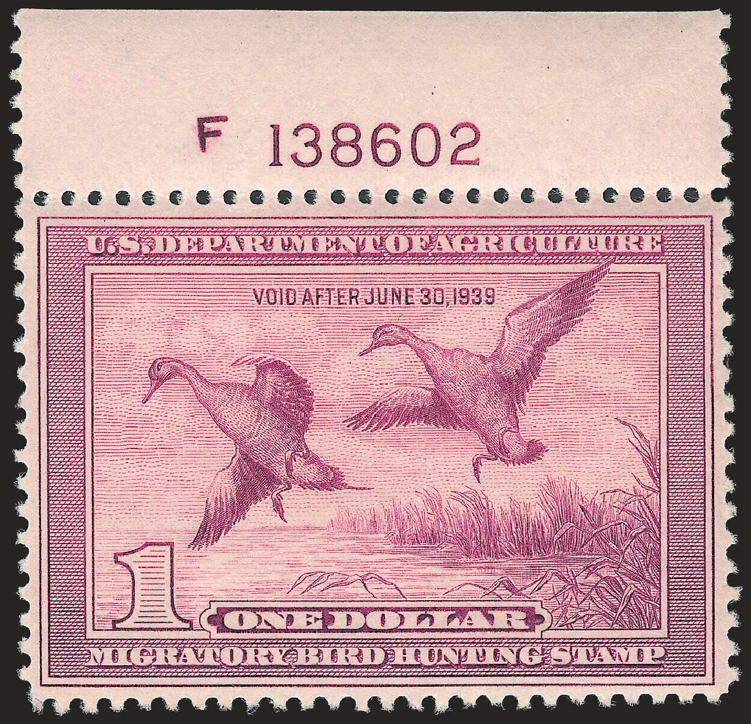 US Stamps Prices Scott Catalogue #RW5 - US$1.00 1938 Federal Duck Hunting. Robert Siegel Auction Galleries, Apr 2010, Sale 984, Lot 1222