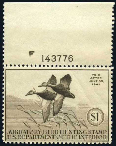 US Stamp Value Scott Catalogue RW7 - US$1.00 1940 Federal Duck Hunting. Harmer-Schau Auction Galleries, Oct 2008, Sale 79, Lot 292