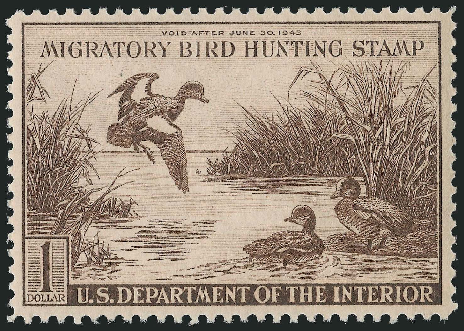 US Stamp Price Scott Catalog #RW9 - US$1.00 1942 Federal Duck Hunting. Robert Siegel Auction Galleries, Dec 2009, Sale 978, Lot 1191