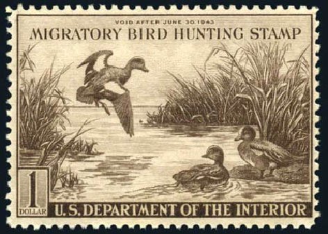 US Stamps Prices Scott Catalogue RW9 - US$1.00 1942 Federal Duck Hunting. Harmer-Schau Auction Galleries, Oct 2008, Sale 79, Lot 294