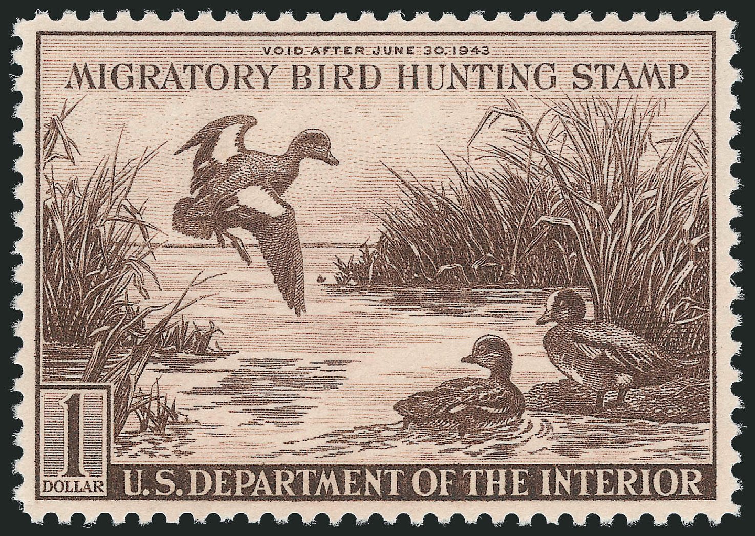 Prices of US Stamps Scott RW9 - 1942 US$1.00 Federal Duck Hunting. Robert Siegel Auction Galleries, Dec 2009, Sale 982, Lot 6212
